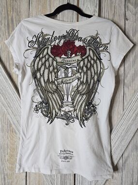Harley-Davidson White Tee with Red Rose & Wing Graphic Size L